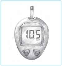 Drawing of a blood glucose meter with a test strip inserted. The screen shows a result of 105.